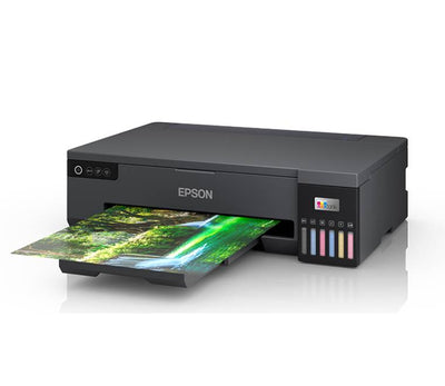 Epson EcoTank L18050 handling direct printing on a PVC ID card and a CD/DVD disc surface tray.