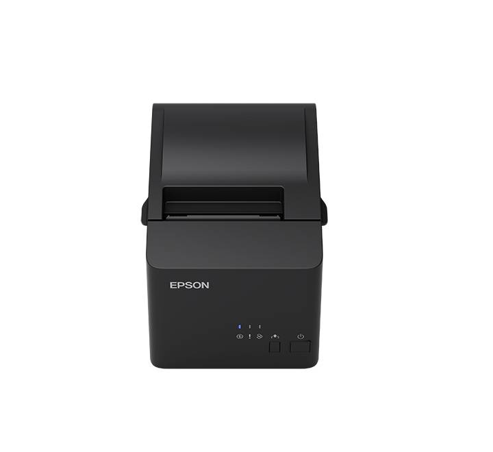 Epson TM-T81III Network POS Printer front view featuring compact black housing and feed status lights.