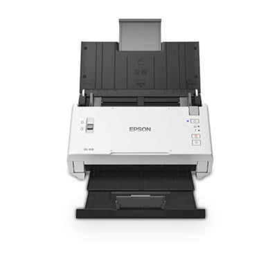 Epson WorkForce DS-410 A4 duplex sheet-fed document scanner front view in white.