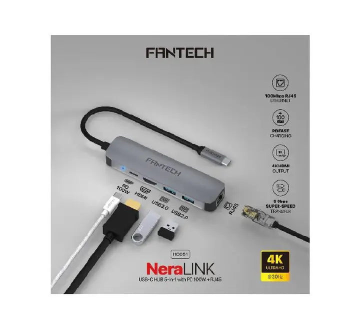 Close-up of Fantech HC051 Neralink ports including 4K HDMI, USB 3.0, and PD charging port for high-speed connectivity.