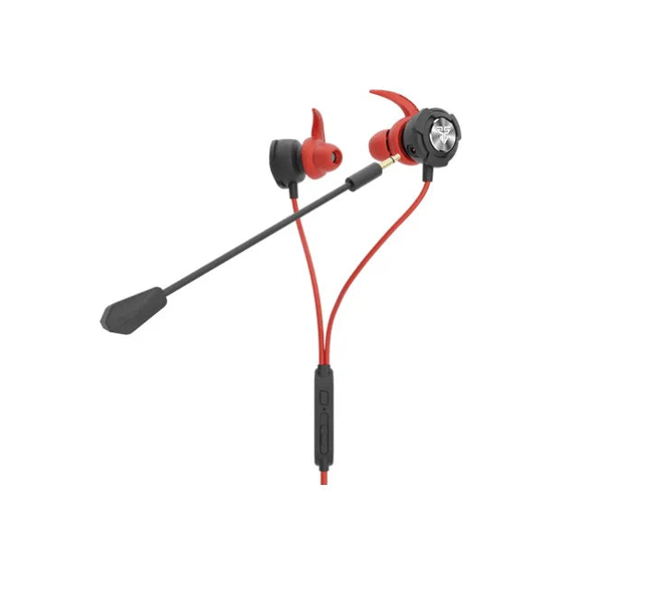 Fantech SCAR II EG5 wired gaming earbuds in black showing the detachable boom microphone.