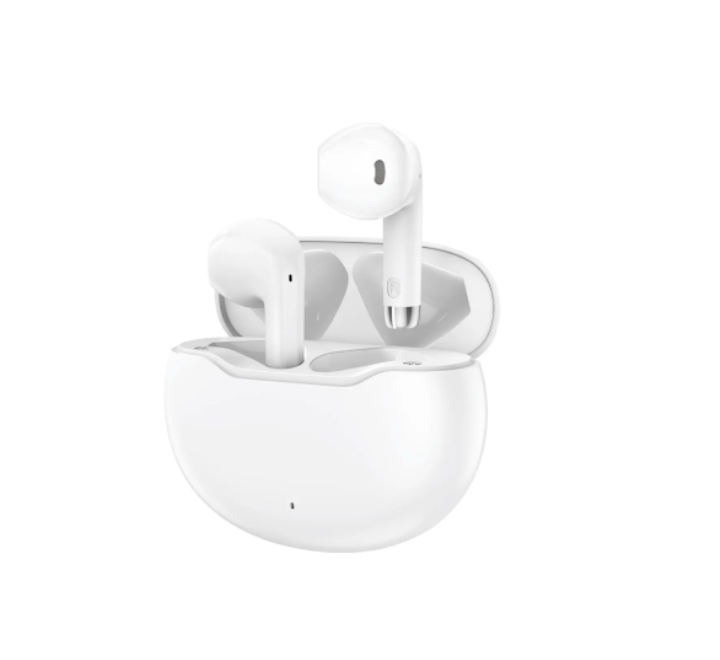Close-up view of the Foneng BL130 semi-in-ear Bluetooth 5.3 earbuds showing touch sensors and ergonomic shape.