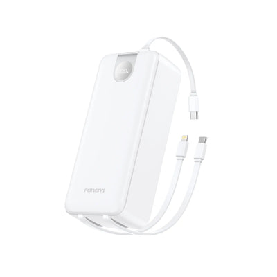 Foneng PX108 30000mAh 22.5W Power Bank in black featuring its built-in charging cables and digital LCD display.