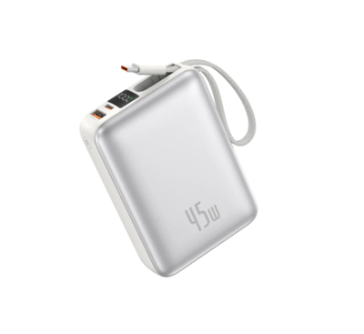 oneng PX138 20000mAh 45W Fast Charging Power Bank in Black showing built-in cable and LCD display