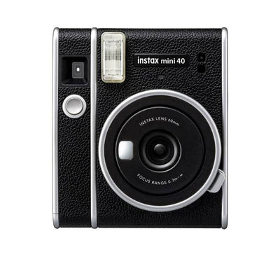 Front view of Fujifilm instax mini 40 instant camera in black with premium retro textured finish.