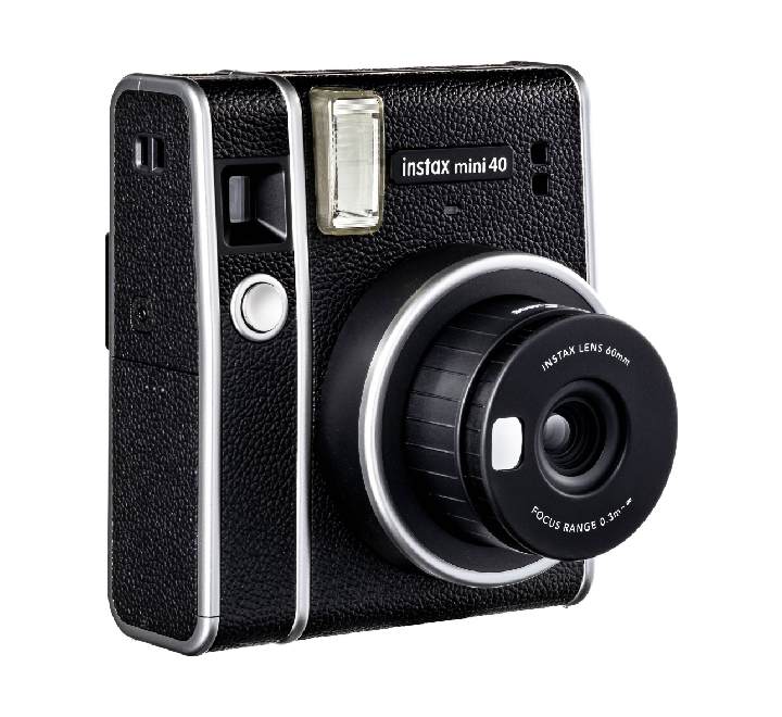 Side view of instax mini 40 camera ejecting a credit card-sized instant photo print.