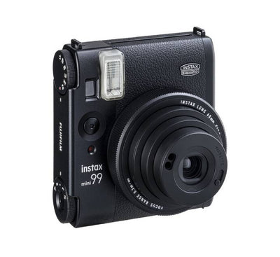 Front view of the Fujifilm instax mini 99 premium analog instant camera in matte black finish.