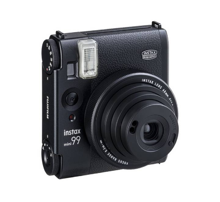 Front view of the Fujifilm instax mini 99 premium analog instant camera in matte black finish.