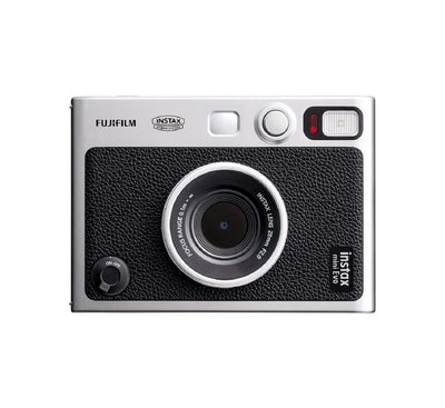 Fujifilm instax mini Evo hybrid instant camera in classic black with a vintage analog design.