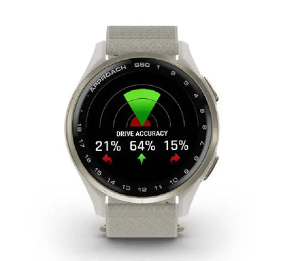 Front view of the Garmin Approach S50 Neutral golf watch showing the AMOLED course map display.