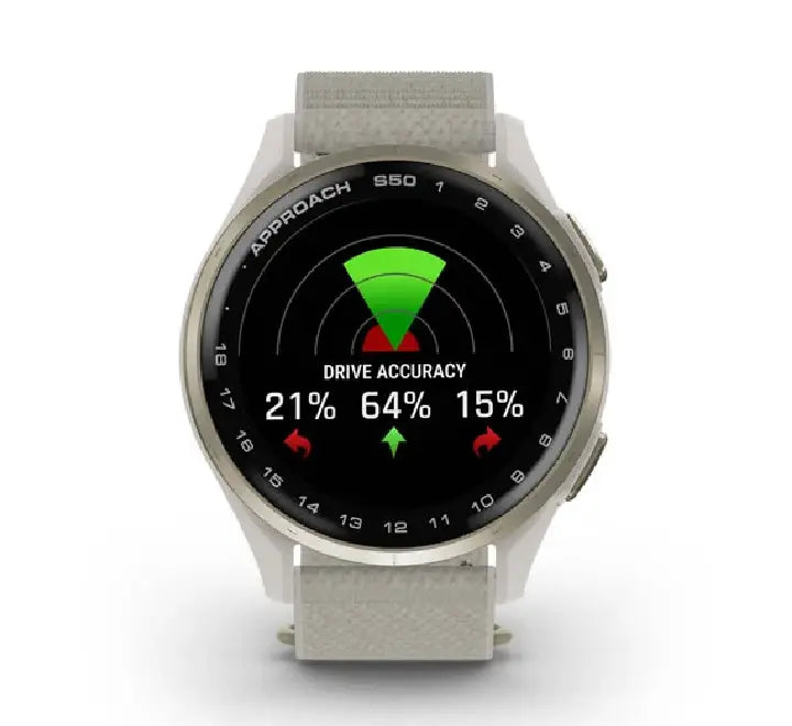 Front view of the Garmin Approach S50 Neutral golf watch showing the AMOLED course map display.
