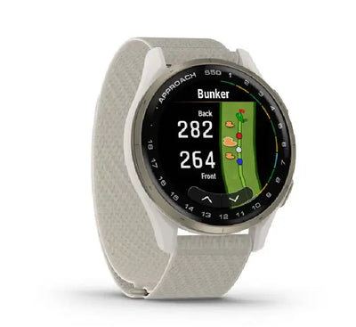 Close-up of the Garmin Approach S50 displaying the PlaysLike distance feature on a golf course.