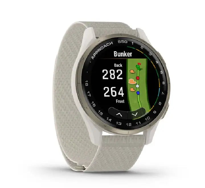 Close-up of the Garmin Approach S50 displaying the PlaysLike distance feature on a golf course.
