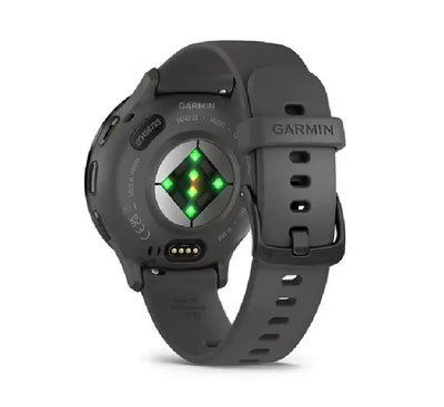 Side view profile of the slim Garmin Venu 3S fitness watch showing the built-in microphone and comfortable black silicone band.