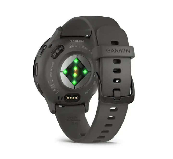 Side view profile of the slim Garmin Venu 3S fitness watch showing the built-in microphone and comfortable black silicone band.