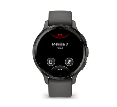 Front view of Garmin Venu 3S Black with Slate stainless steel bezel featuring a bright 1.2-inch AMOLED display.