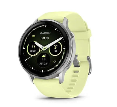 A person wearing the Garmin Venu 4 Citron on their wrist while running, highlighting the sleek stainless steel bezel and comfortable silicone band.
