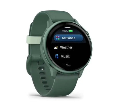A person wearing the Jasper Green Garmin vívoactive 6 showing the Body Battery energy monitoring feature on the wrist.