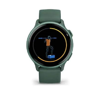 Front view of the Garmin vívoactive 6 smartwatch in Jasper Green featuring a bright AMOLED touchscreen display.