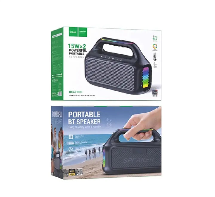 HOCO HC47 Delight 30W portable Bluetooth speaker in black with dynamic LED lighting front view