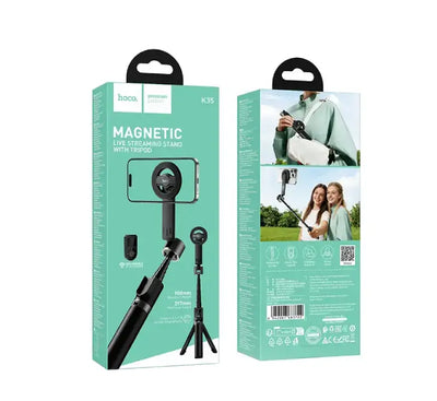 HOCO K35 Magnifico 3-in-1 magnetic tripod selfie stick extended with phone mounted