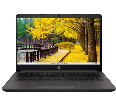 Front view of the HP 240R G9 14-inch FHD laptop in Dark Ash Silver, displaying a bright Windows desktop screen.