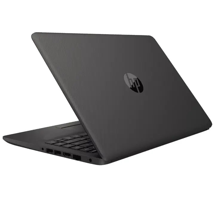 The HP 240R G9 laptop open on an office desk, showcasing the full-size keyboard and narrow micro-edge bezel display.
