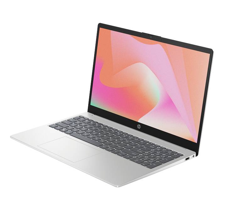 Soft gray backlit keyboard with integrated numeric keypad and precision touchpad on HP 15 laptop.