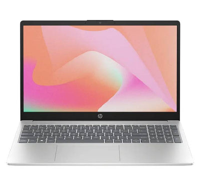 HP Laptop 15-fd1495TU 15.6-inch Natural Silver laptop open showing micro-edge display and keyboard.