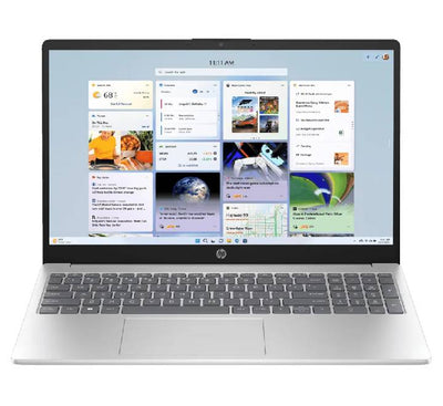 HP Laptop 15-fd2040TU Natural Silver in open front view displaying Windows 11 desktop