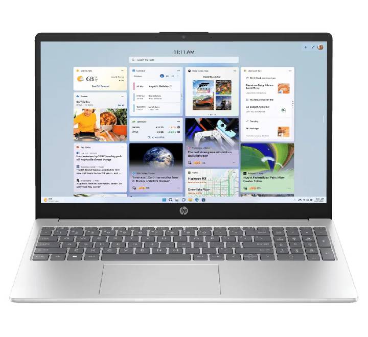 HP Laptop 15-fd2040TU Natural Silver in open front view displaying Windows 11 desktop