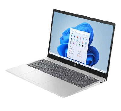 An angled view of the HP 15-fd2123TU laptop highlighting its full-sized silver keyboard with integrated numeric keypad and smooth multi-touch tracking pad.
