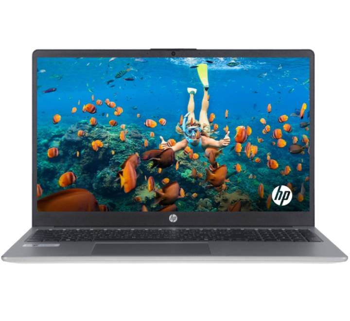 HP Laptop 255R G10 with AMD Ryzen 5 processor front angle view showcasing its silver finish and keyboard layout.