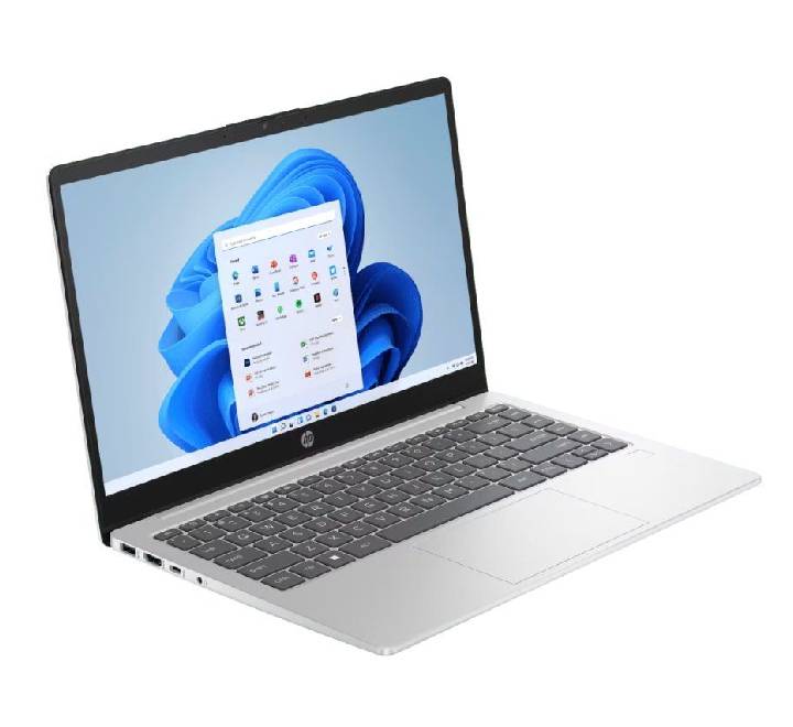 Side profile view showing USB Type-C, USB-A, and HDMI connectivity ports on HP Notebook 14