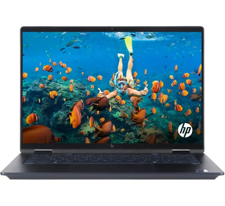 HP OmniBook X Flip 14-fm0138TU 2-in-1 convertible laptop in Atmospheric Blue showing its 14-inch 2K touch screen and premium backlit keyboard.