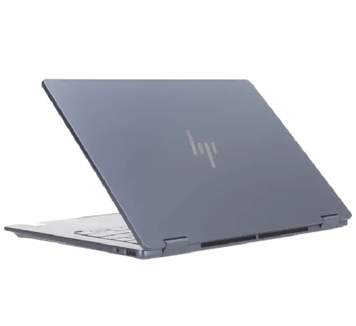 Side macro close-up profiles of the HP OmniBook X Flip 14 highlighting dual Thunderbolt 4 USB-C nodes, HDMI 2.1, and USB-A connections.