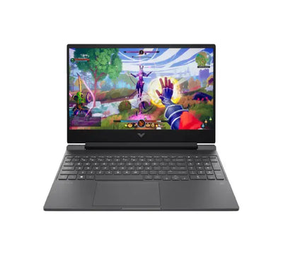 Front view of HP Victus 15-fb3086ax laptop with Mica Silver finish and 144Hz FHD gaming display.
