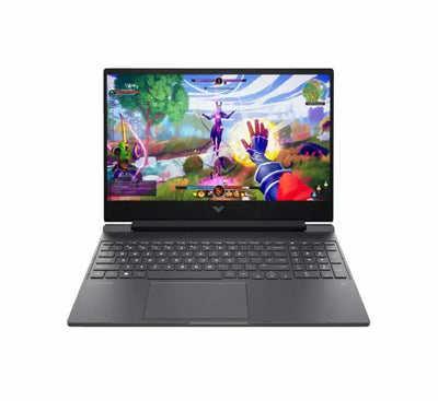 HP Victus 15-fb3271AX gaming laptop in Mica Silver front angle view showing keyboard and screen
