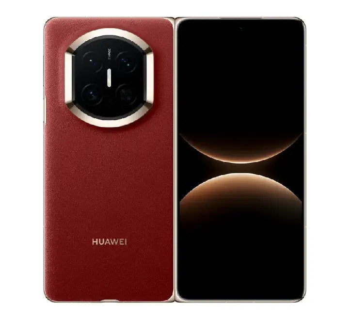 Fully unfolded 8-inch main display of the Huawei Mate X7 in Nebula Red, highlighting the seamless crease-free folding screen and luxury red vegan leather backing.