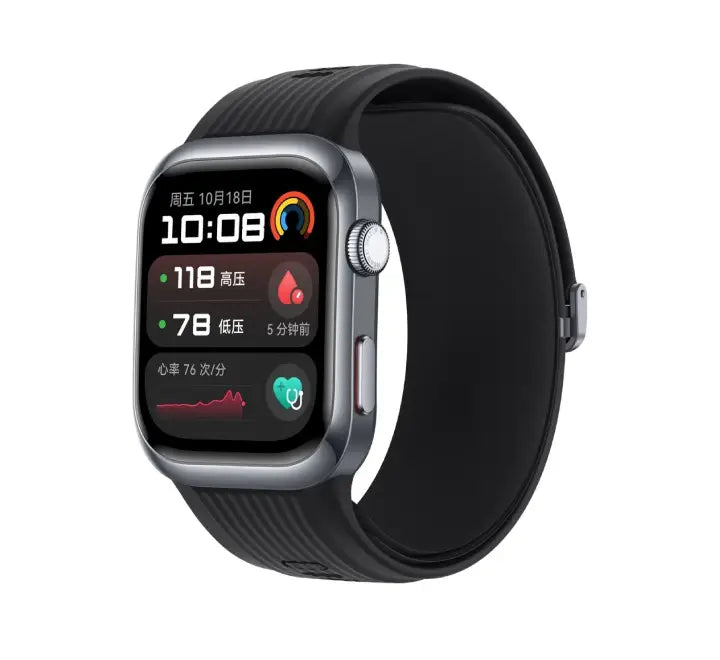 HUAWEI Watch D2 in Black with black fluoroelastomer strap showing blood pressure monitoring display