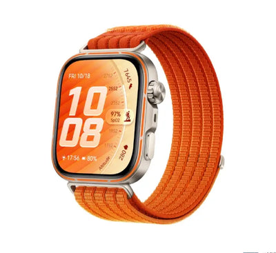 HUAWEI WATCH FIT 5 Pro in Gradient Orange featuring titanium bezel and breathable nylon strap