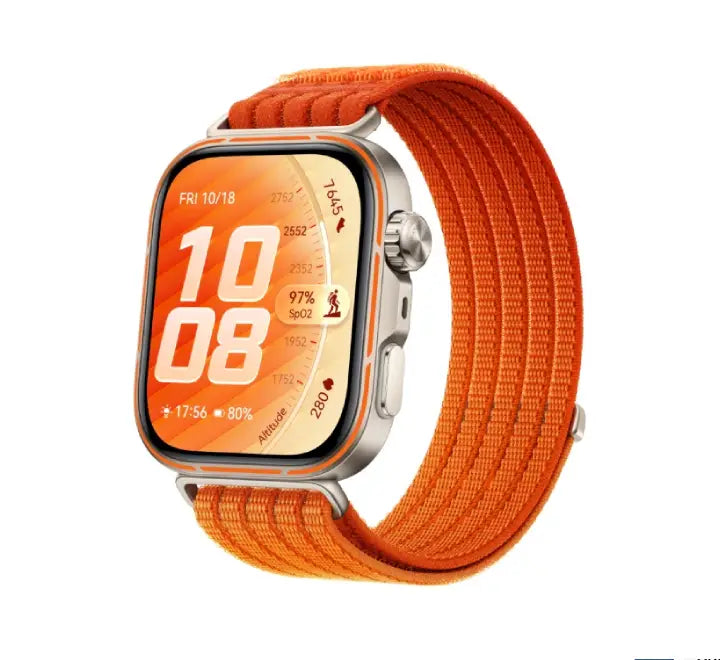 HUAWEI WATCH FIT 5 Pro in Gradient Orange featuring titanium bezel and breathable nylon strap