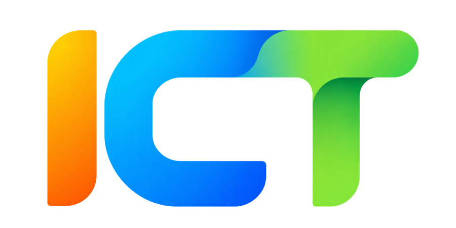 The new ICT logo: the letters I, C and T in orange, blue and green
