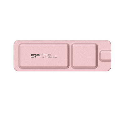 Silicon Power 2TB PX10 portable SSD in pastel pink showing its ultra-compact aluminum profile.