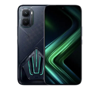 Infinix GT 50 Pro 5G in Black Abyss showing its supercar-inspired cyber back panel with customizable Mechanical Light Waves RGB LEDs.