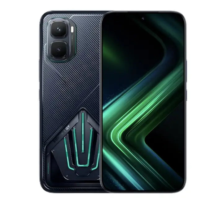 Infinix GT 50 Pro 5G in Black Abyss showing its supercar-inspired cyber back panel with customizable Mechanical Light Waves RGB LEDs.