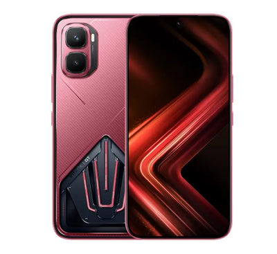 Rear view of the Infinix GT 50 Pro 5G gaming phone in Red Blaze, highlighting the transparent chassis design and HydroFlow liquid cooling pipeline.