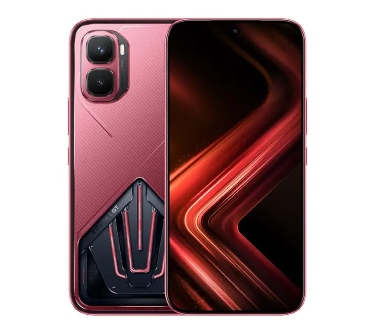 Rear view of the Infinix GT 50 Pro 5G gaming phone in Red Blaze, highlighting the transparent chassis design and HydroFlow liquid cooling pipeline.