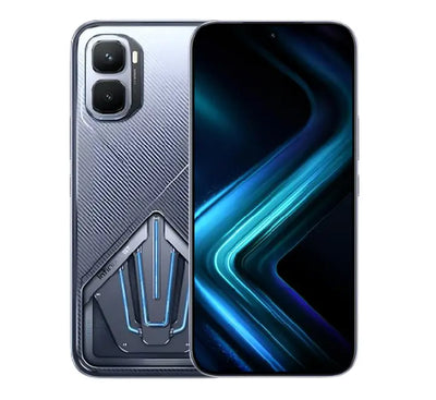 The Infinix GT 50 Pro 5G smartphone in Silver Glacier showing its flat bezel-less 144Hz AMOLED screen layout and built-in pressure-sensitive triggers.