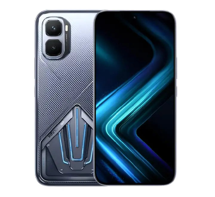 The Infinix GT 50 Pro 5G smartphone in Silver Glacier showing its flat bezel-less 144Hz AMOLED screen layout and built-in pressure-sensitive triggers.